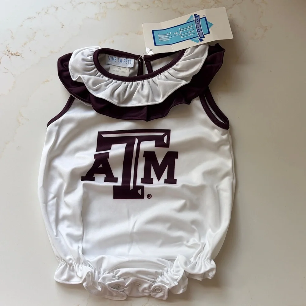 VIva La Fete Texas A&M White & Maroon Ruffle Baby Romper size 6 mo NWT